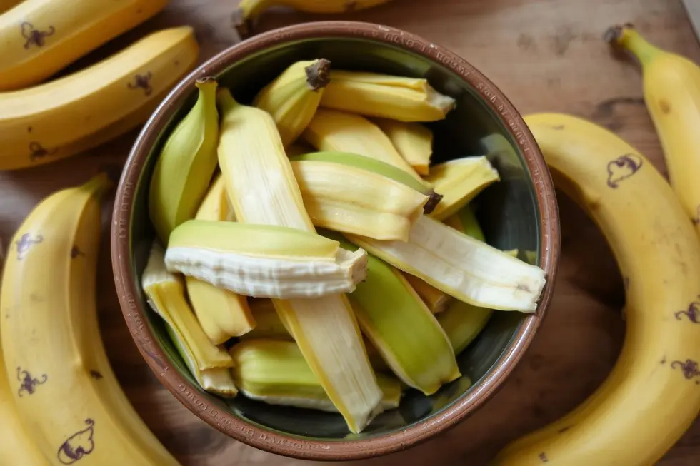 Uma tigela de cascas de banana preparadas para uma receita.