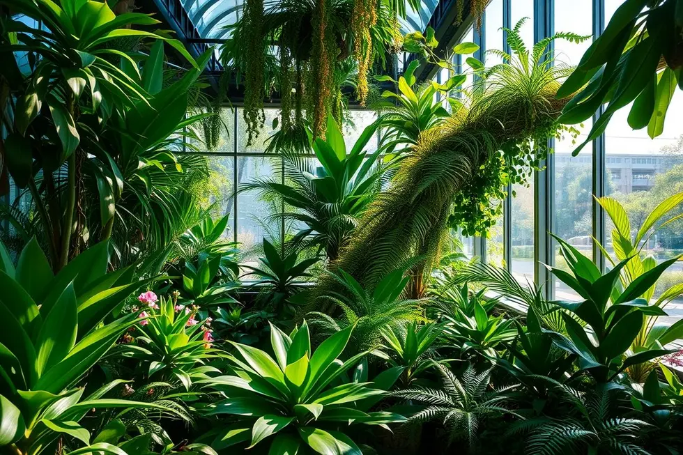 Jardim interno com diversas plantas