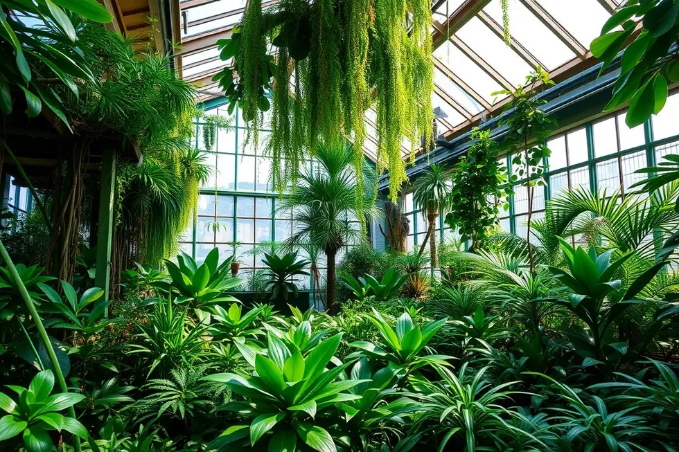 Imagem de um jardim interno com várias plantas verdes.