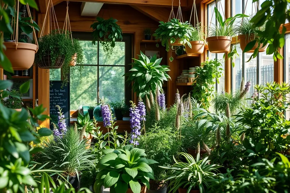 Jardim interno com diversas plantas medicinais