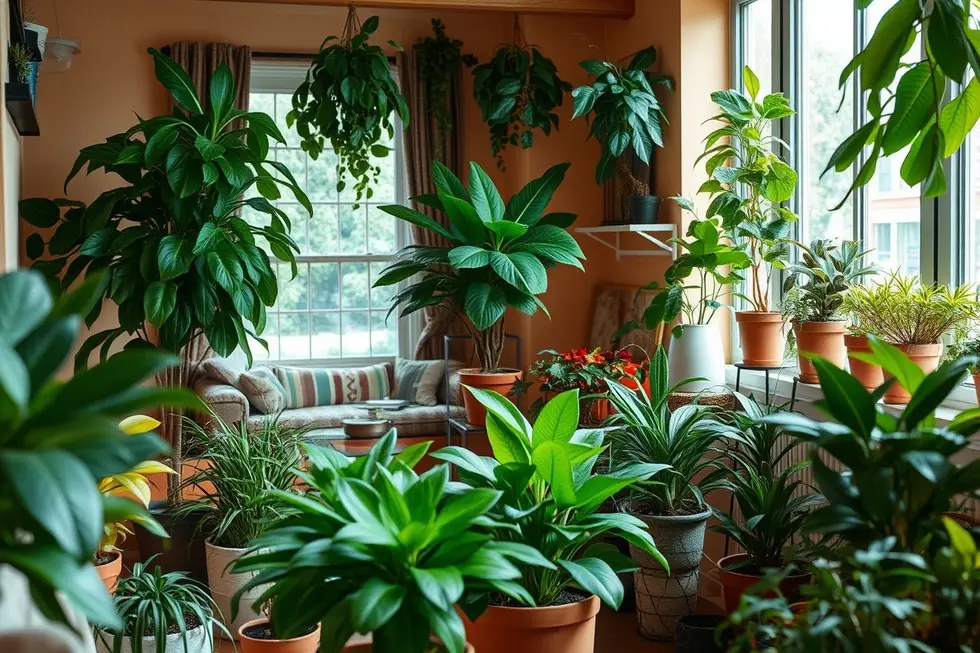 Jardim interno com várias plantas fáceis de cuidar