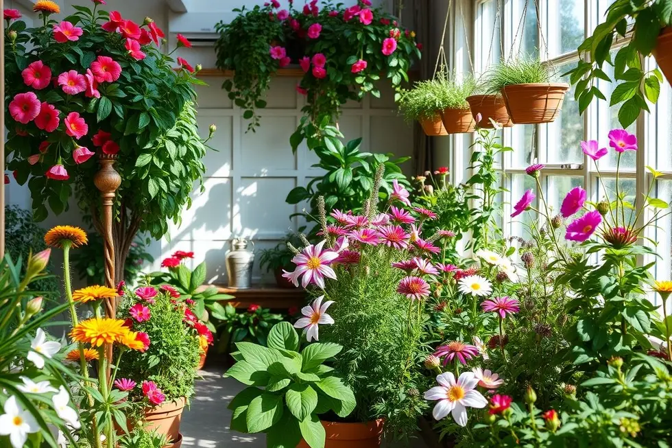 Um belo jardim interno misto com flores e plantas medicinais.