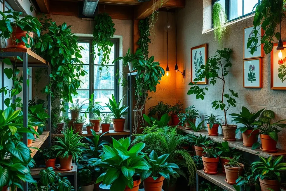 Espaço interno com várias plantas