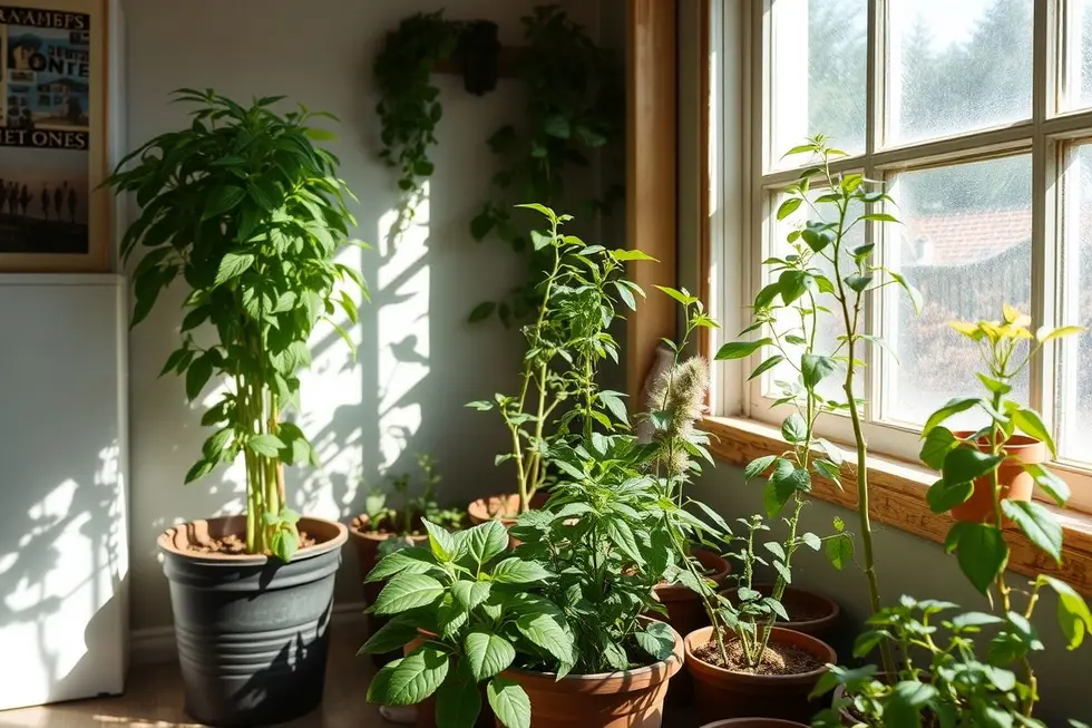 Espaço de jardim interno com várias plantas medicinais, ideal para cultivo em casa.