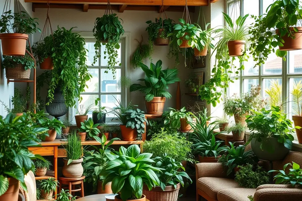 Jardim interno com várias plantas medicinais