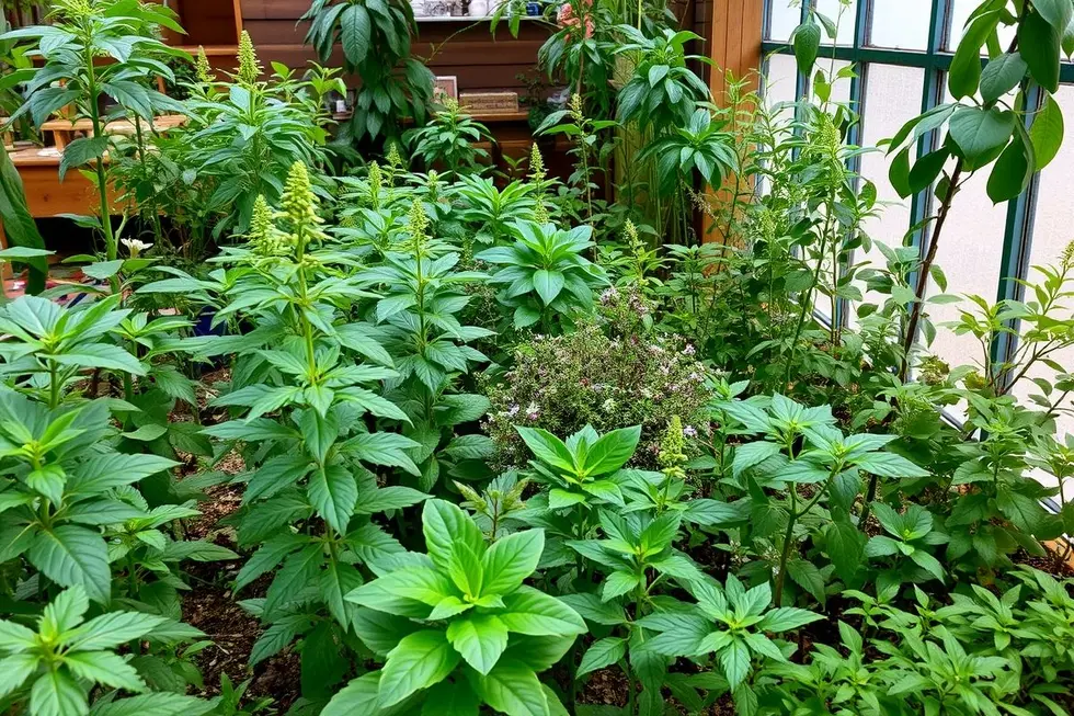 Um jardim interno com diversas plantas medicinais