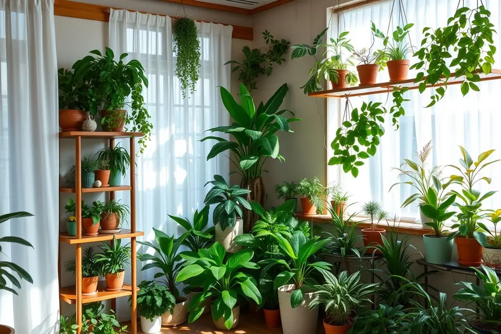 Ambiente interno decorado com plantas em vasos variados