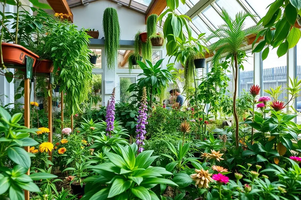 Imagem de um jardim interno vibrante cheio de plantas medicinais