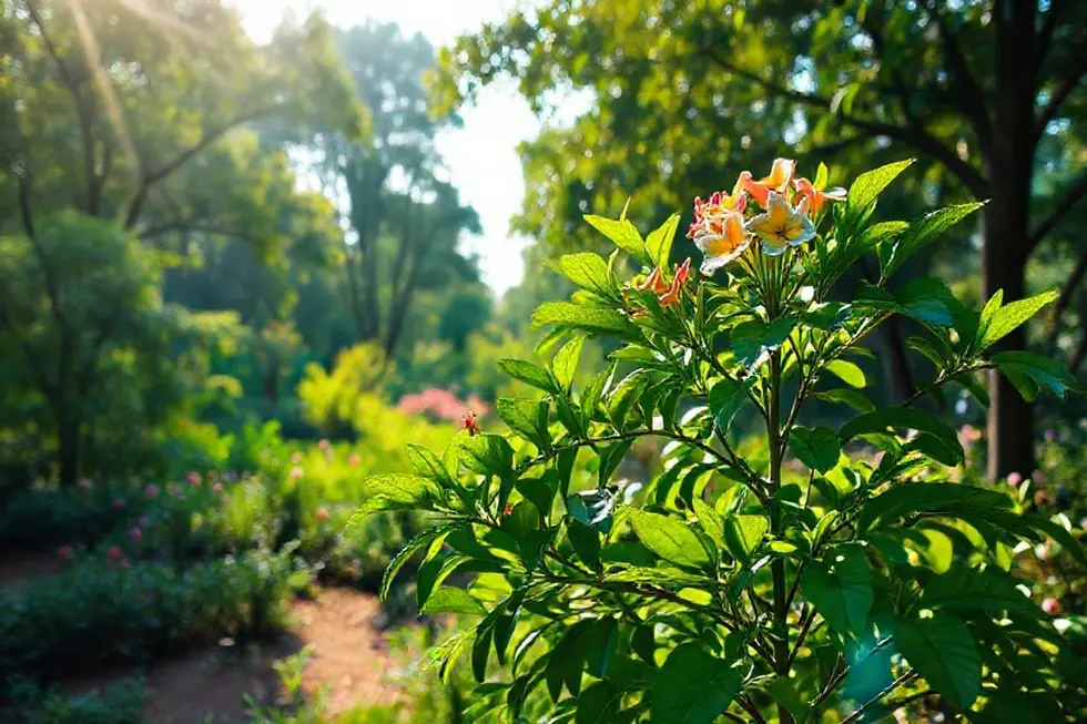 Jardim inspirador com plantas de guaimbê em crescimento saudável