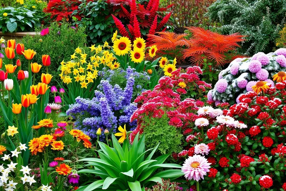 Um jardim bonito com flores das quatro estações do ano.