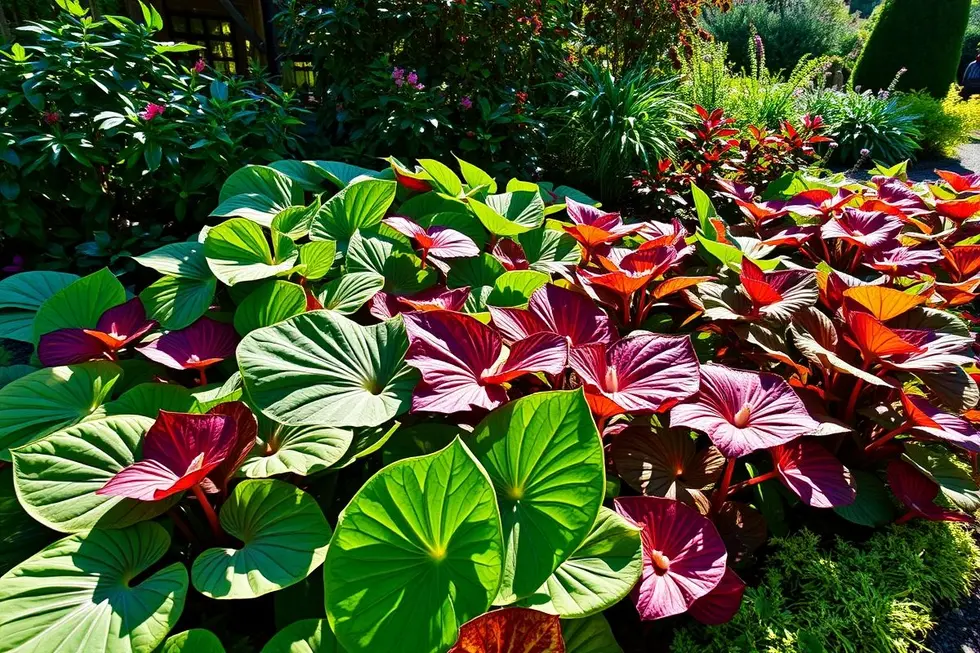 Cenário de jardim encantador com várias plantas de caladium.