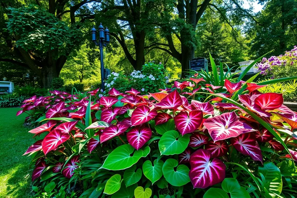 Um jardim vibrante com várias plantas de Caladium florescendo.