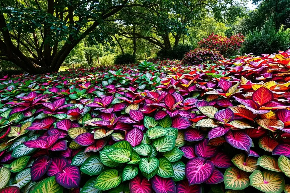 Espaço de jardim com caladiums vibrantes