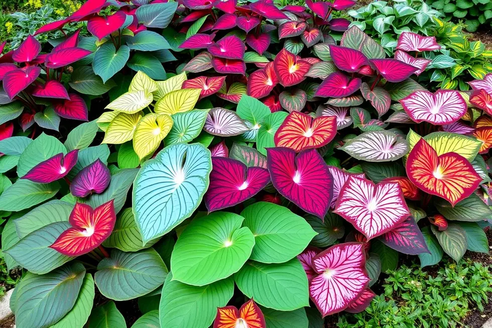 Jardim com diferentes caladiums coloridos