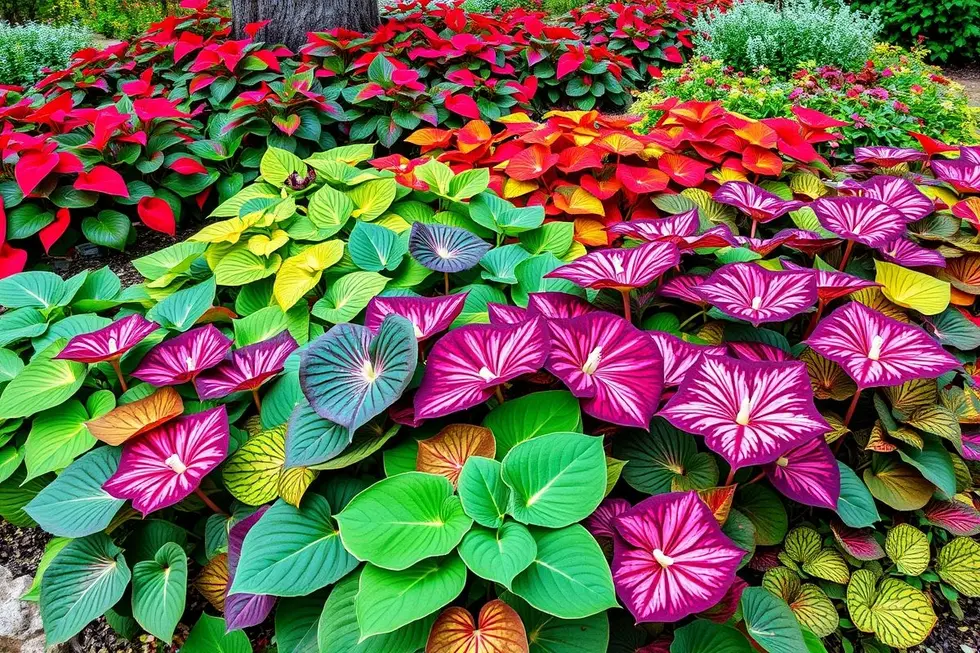 Jardim com diversas plantas Caladium coloridas