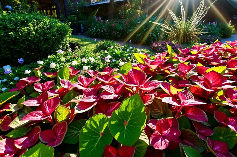 Jardim exuberante com plantas de caladium coloridas