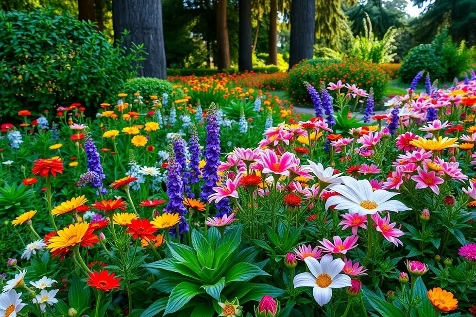 Jardim com uma variedade de plantas floridas em pleno florescimento.