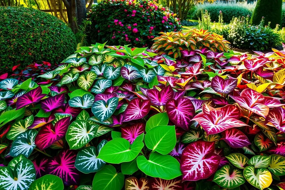 Jardim cheio de espécies de Caladium com cores e formas distintas.