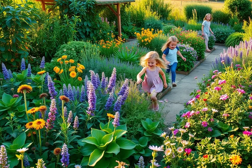 Crianças brincando em um jardim colorido com várias plantas medicinais.