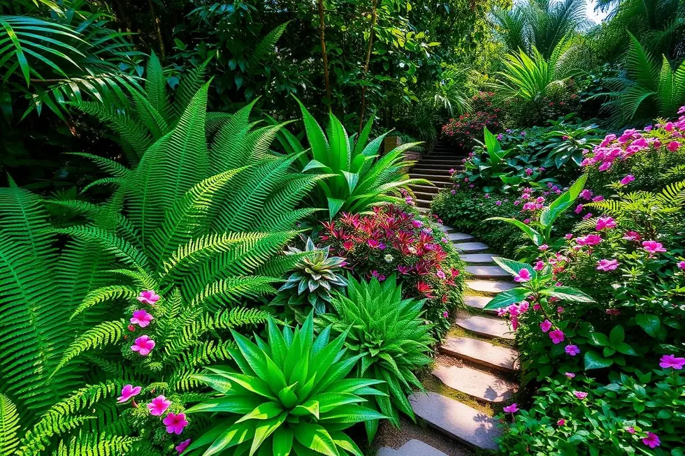 Jardim verdejante com diversas samambaias e plantas floridas