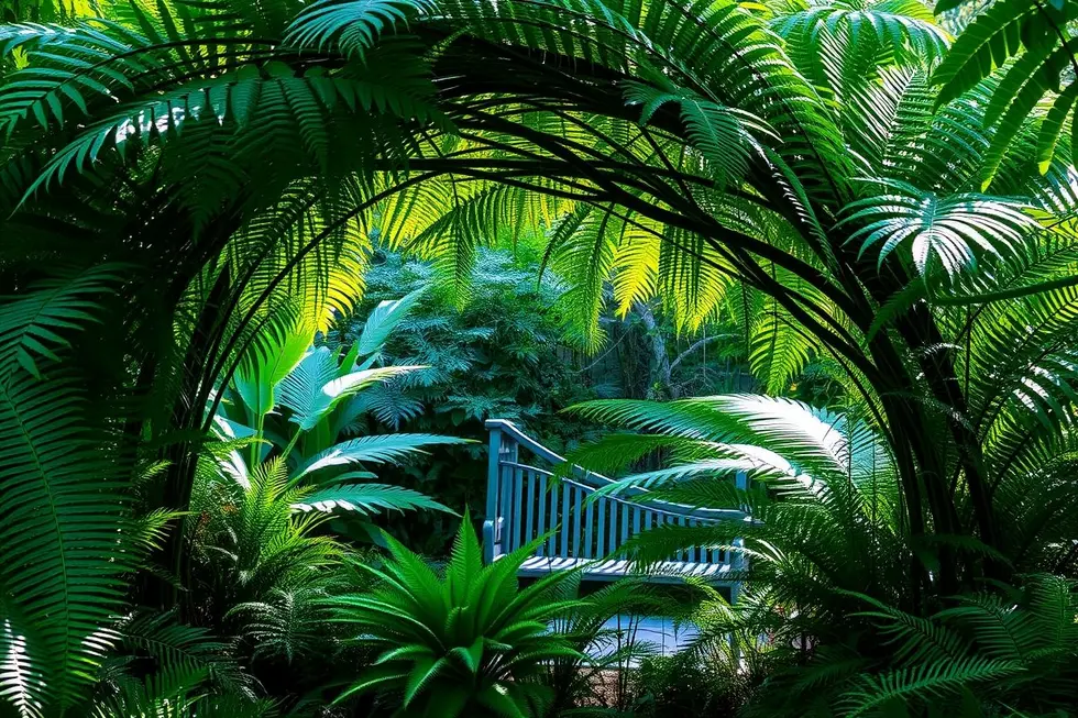 Um jardim sereno com várias samambaias