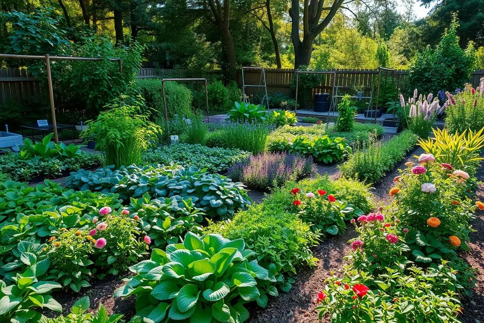 Jardim comestível imaginativo em um quintal