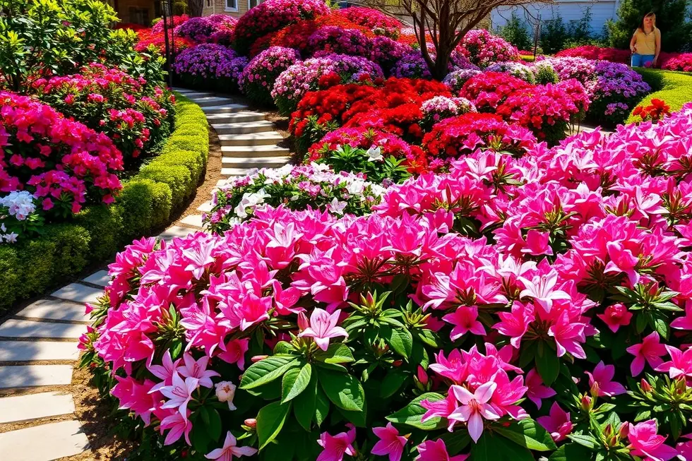 Um jardim repleto de azaleias coloridas em floração