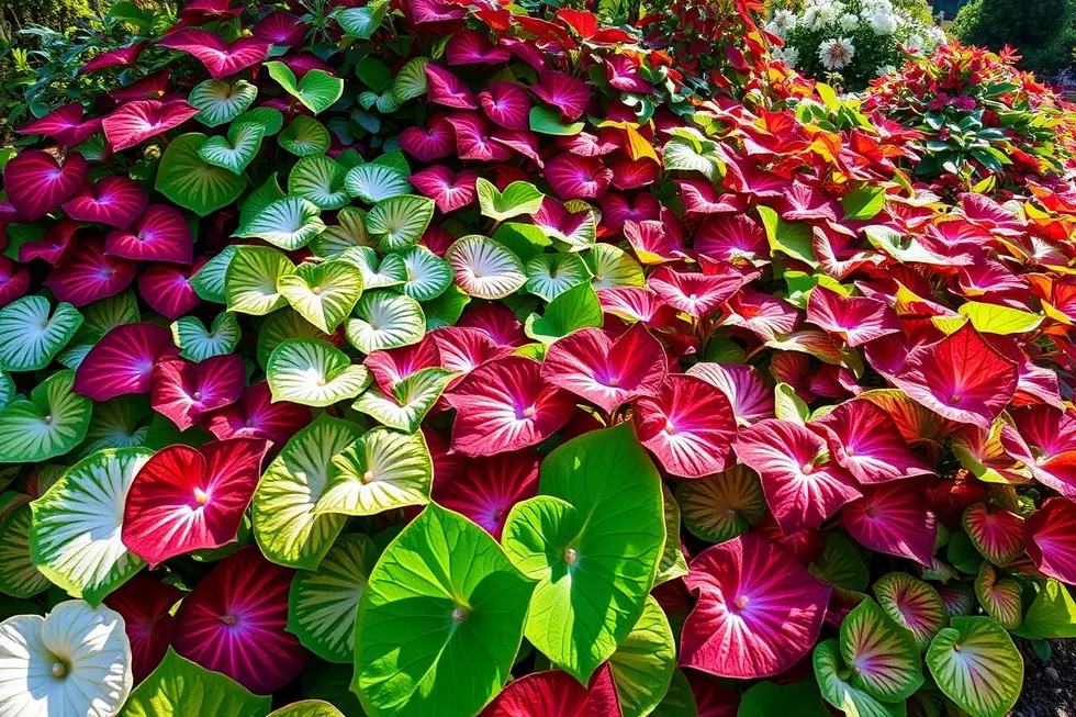 Um jardim cheio de plantas de Caladium coloridas.