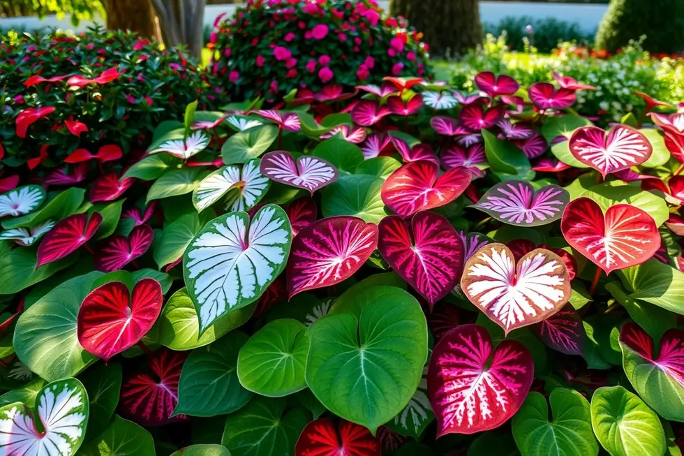 Um belo jardim repleto de plantas de Caladium com folhas coloridas e padrões variados.