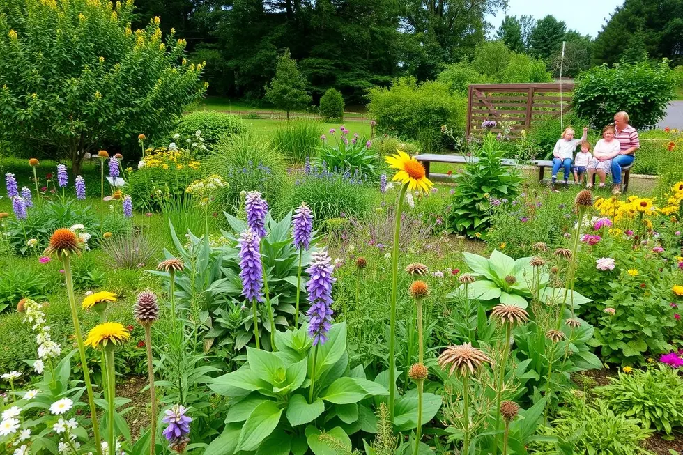 Jardim de plantas medicinais com famílias ao ar livre