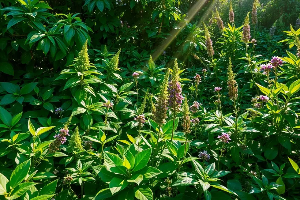 Vista de um jardim com várias plantas medicinais.