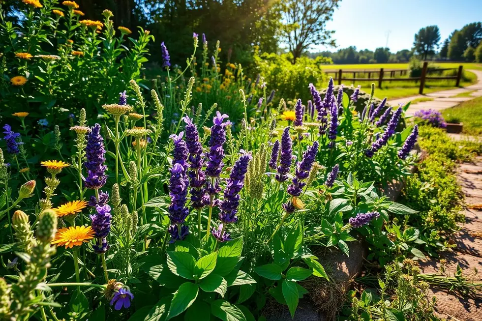 Um jardim com várias plantas medicinais sob a luz do sol