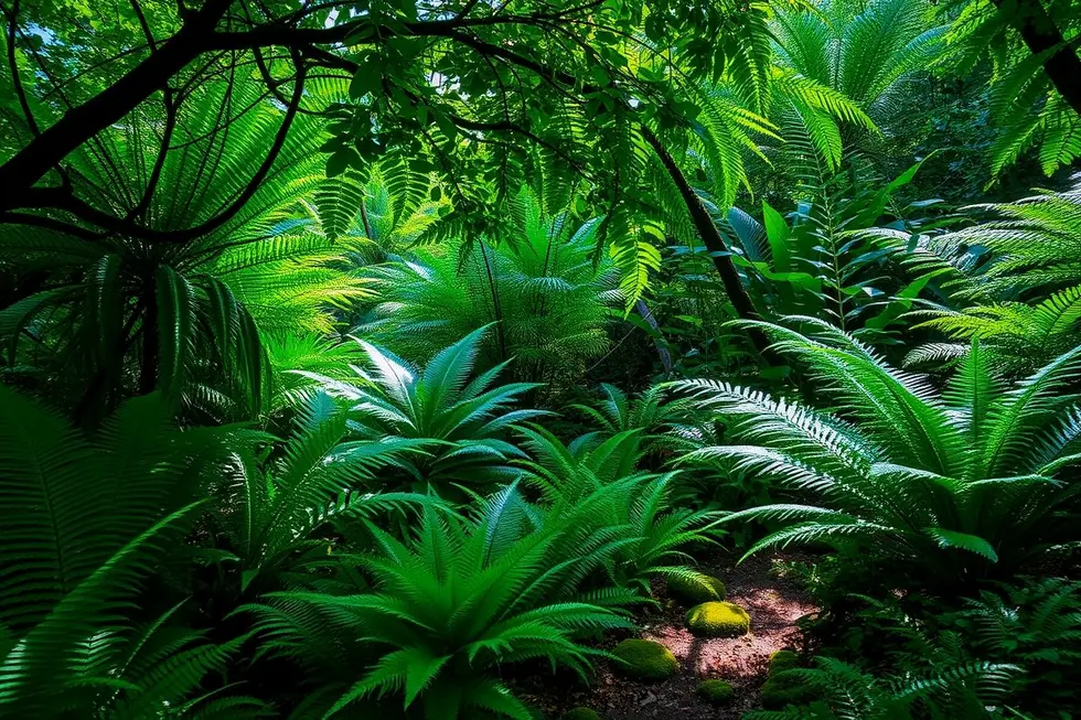 Vista de um jardim cheio de samambaias diversificadas.