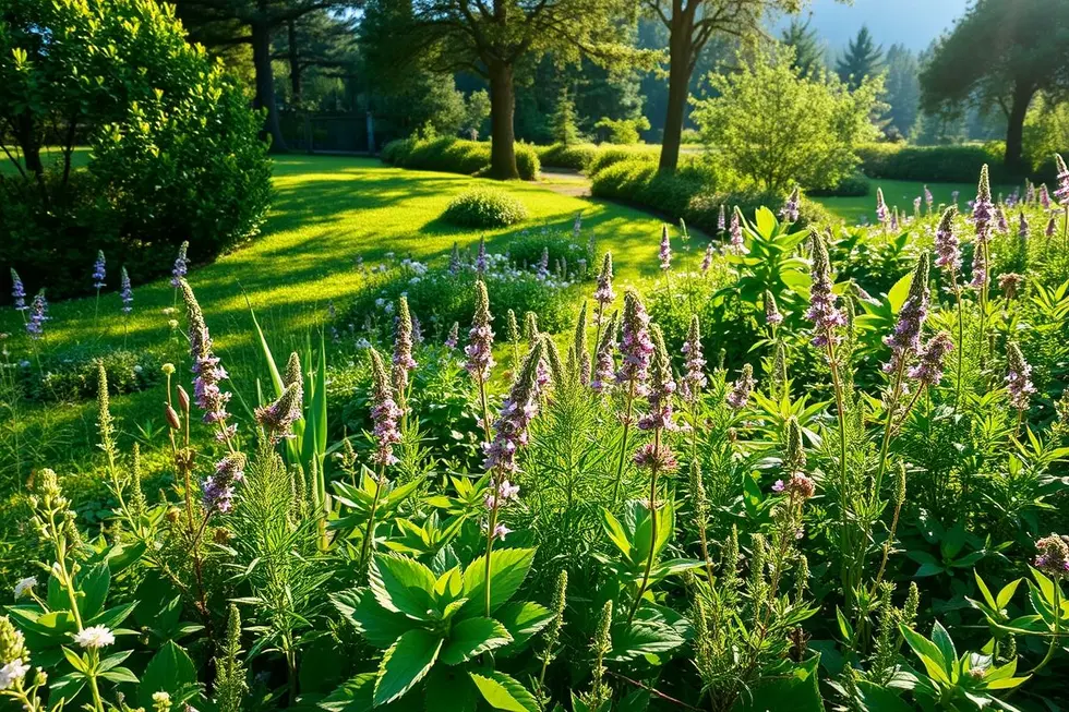 Paisagem de um jardim herbal representando plantas medicinais.