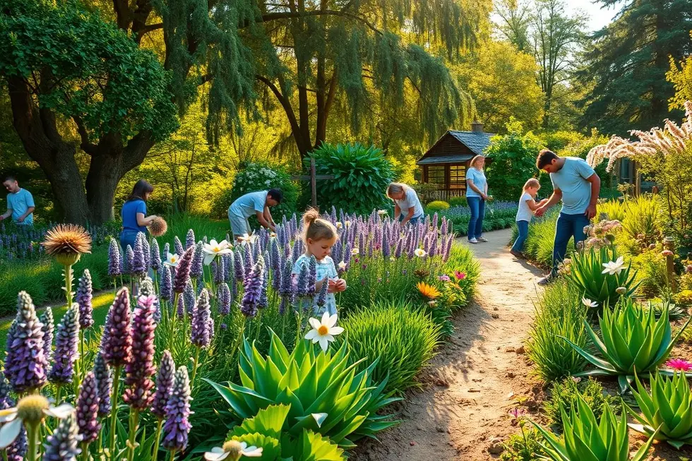 Família unida em um jardim de plantas medicinais