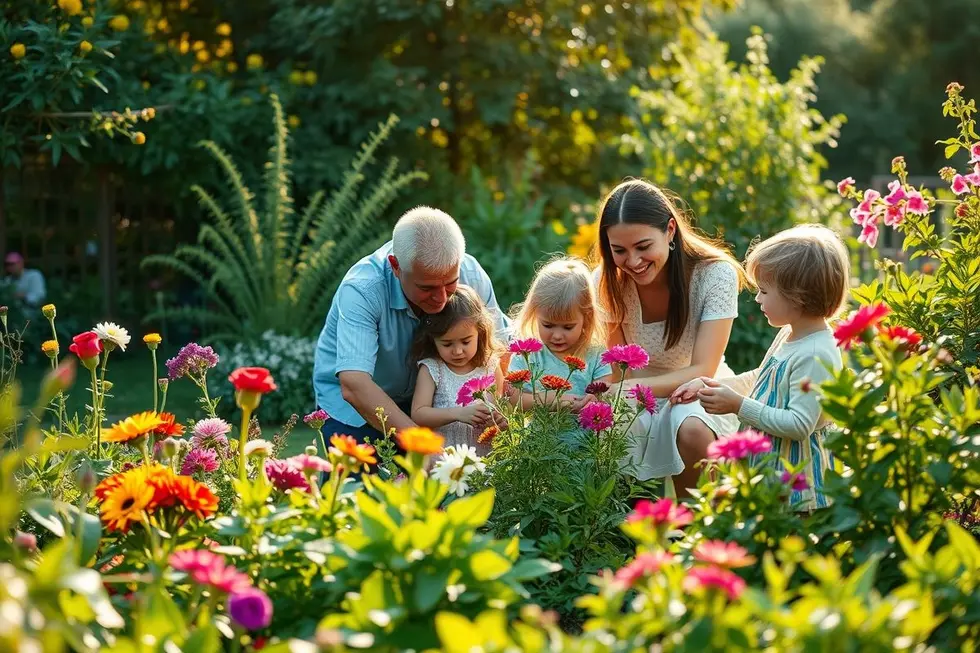 Família trabalhando em um jardim, cultivando plantas medicinais e criando conexões.
