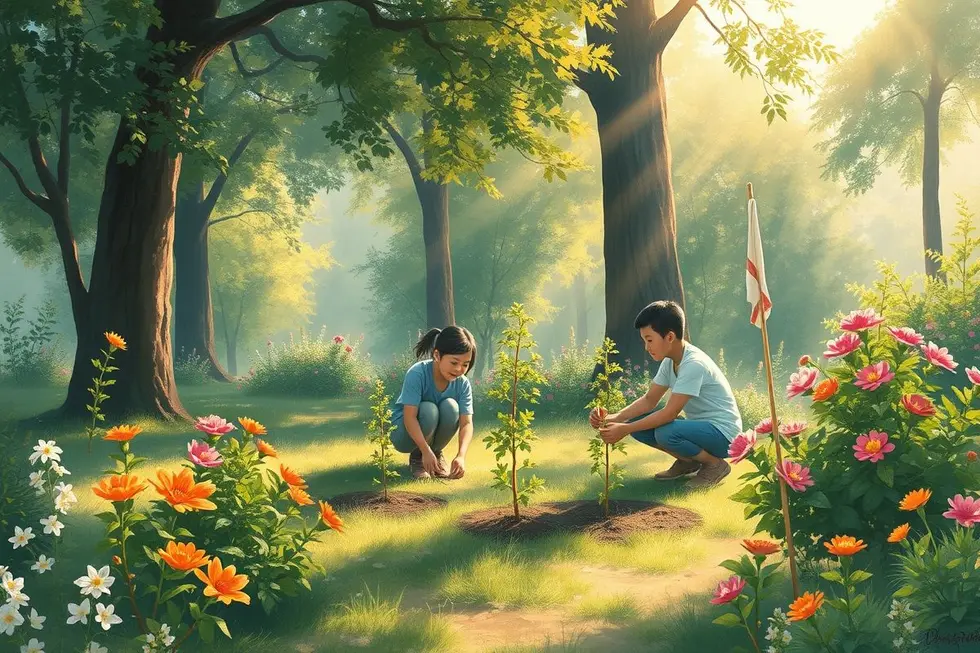 Família plantando em um jardim sereno