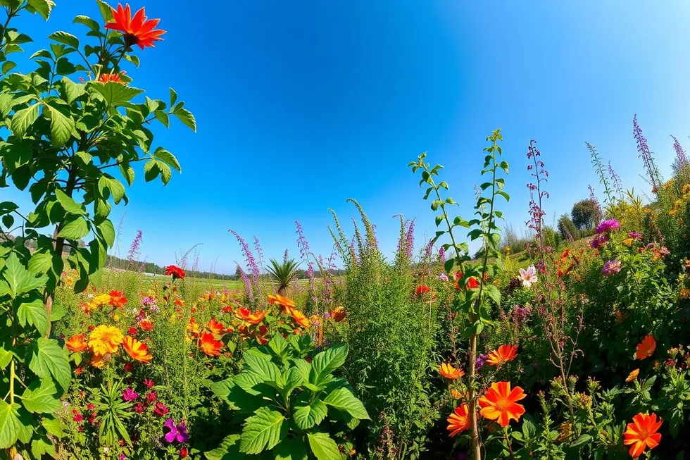 Imagem panorâmica de um jardim florido com diversas plantas medicinais