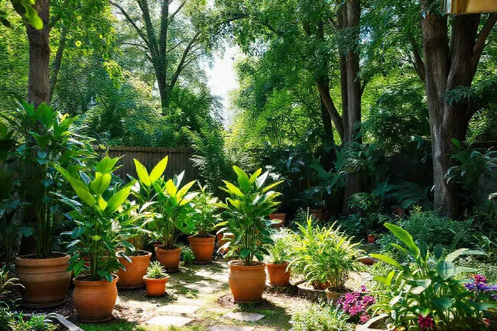 Jardim caseiro com guaimbê em vasos, demonstrando um cultivo bem-sucedido