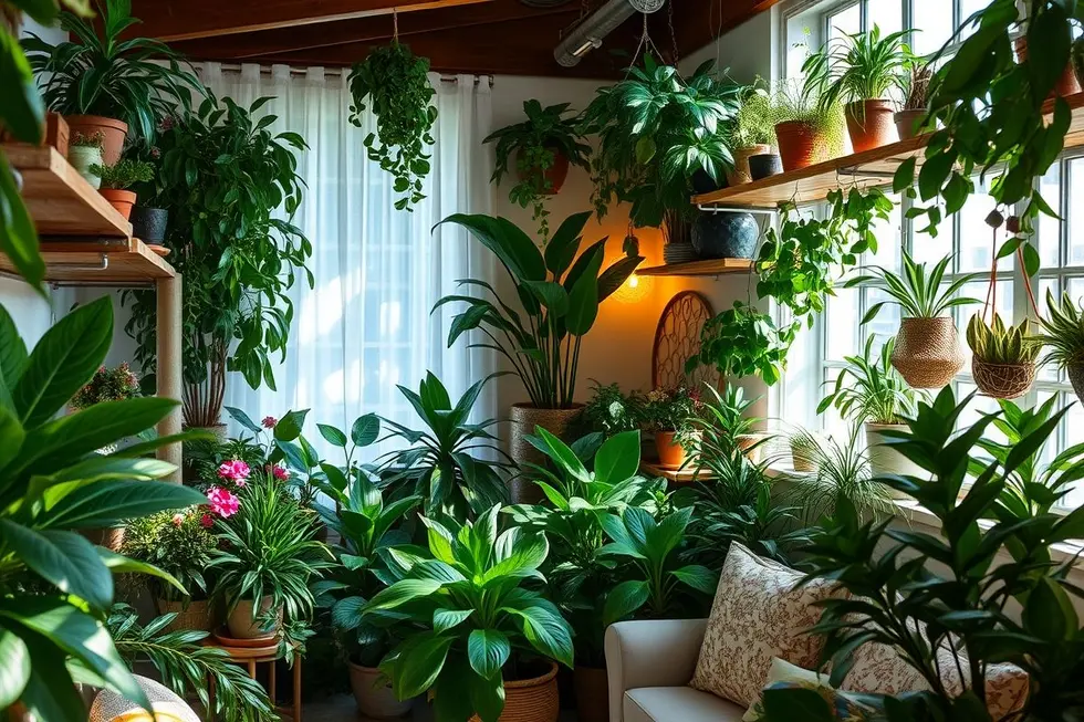 Um lindo jardim interno com variedade de plantas fáceis de manter