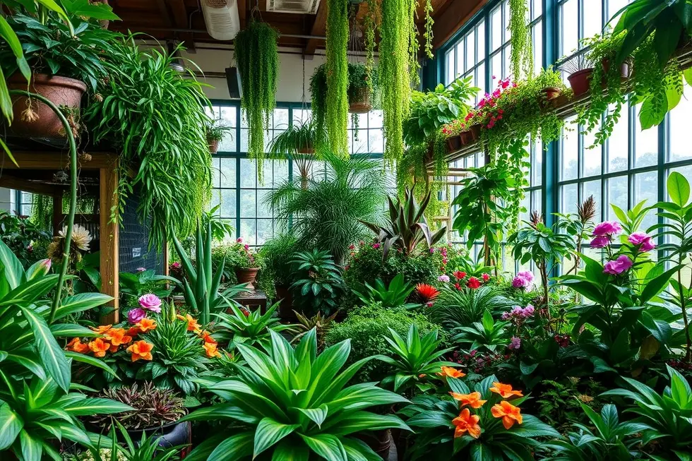 Um jardim interior bonito e verde com diversas plantas de fácil cuidado.