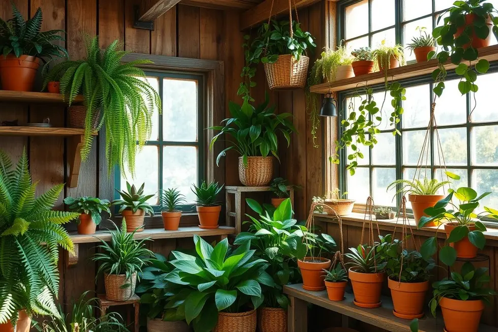 Um jardim interno com várias plantas fáceis de cuidar