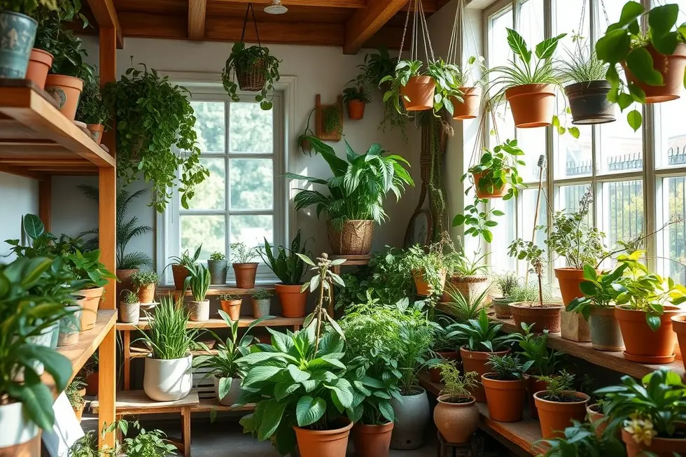 Ambiente interno com diversas plantas medicinais