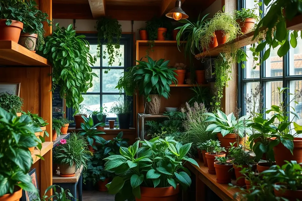 Um jardim interno com várias plantas medicinais