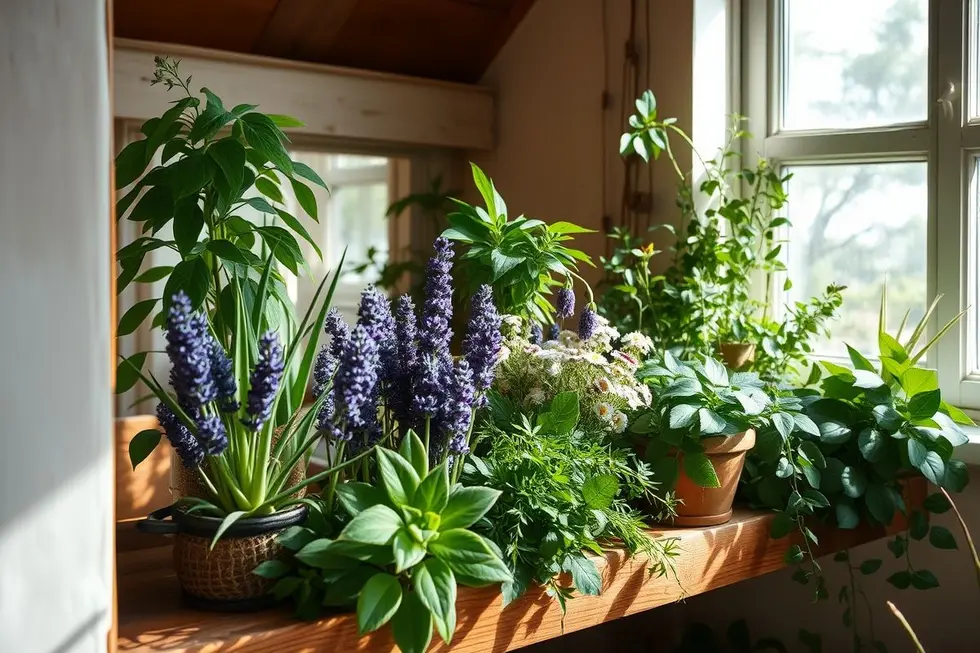 Jardim com várias plantas medicinais em prateleira