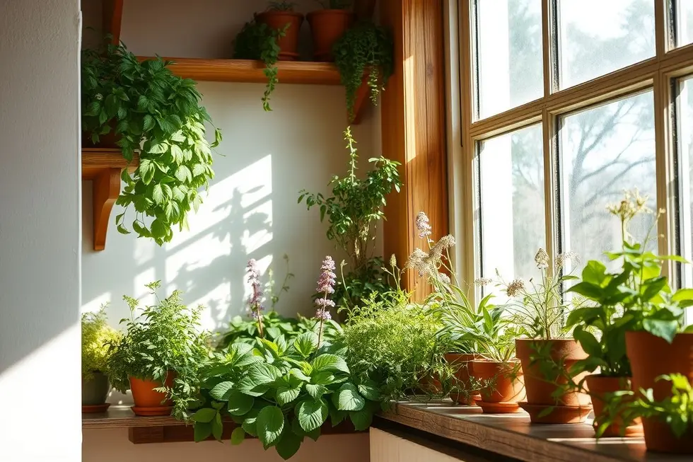 Jardim interno com várias plantas medicinais