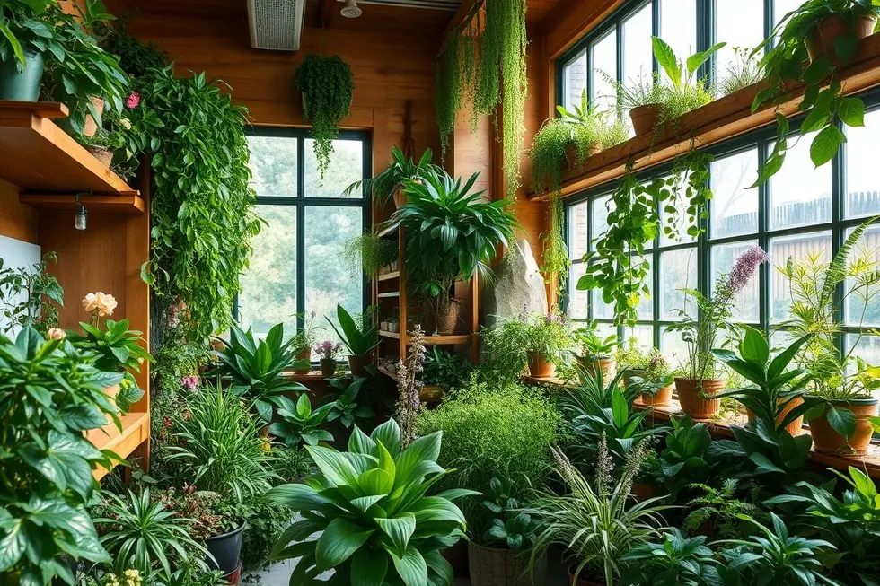 Um jardim interno vibrante cheio de plantas medicinais que promovem o bem-estar.