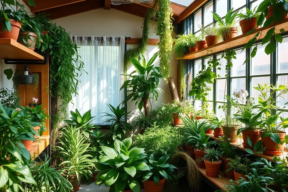 Um jardim interno sereno com várias plantas medicinais em um ambiente acolhedor.