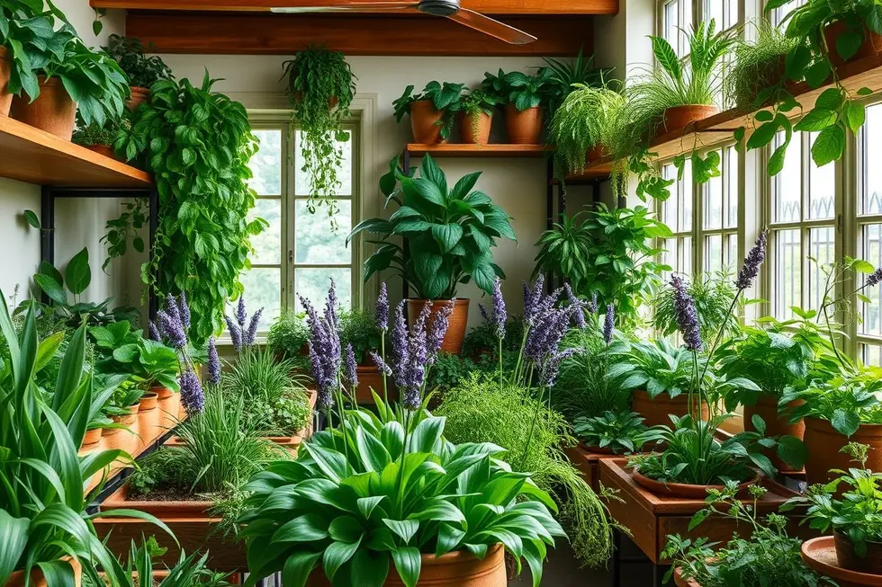 Várias plantas medicinais em um jardim interno
