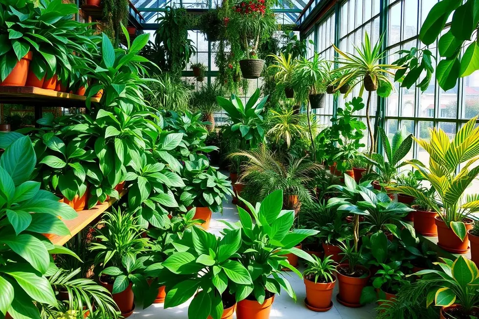 Um jardim indoor colorido com várias plantas, evidenciando a importância do cuidado adequado